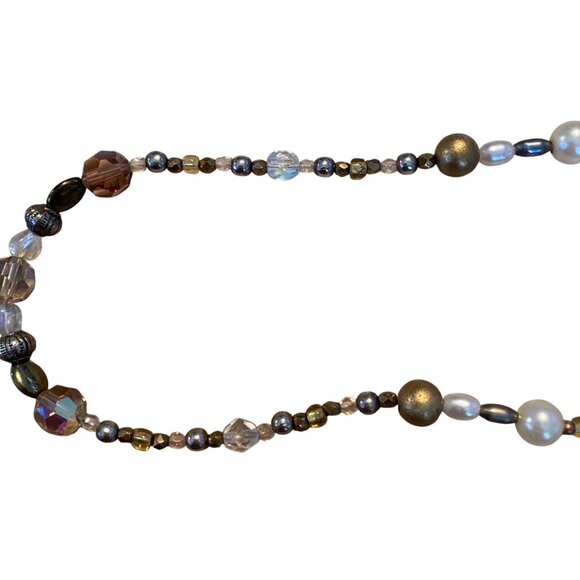 Handcrafted Beaded Necklace With Iridescent & Metallic Accents Pearls & Crystals - Picture 4 of 8